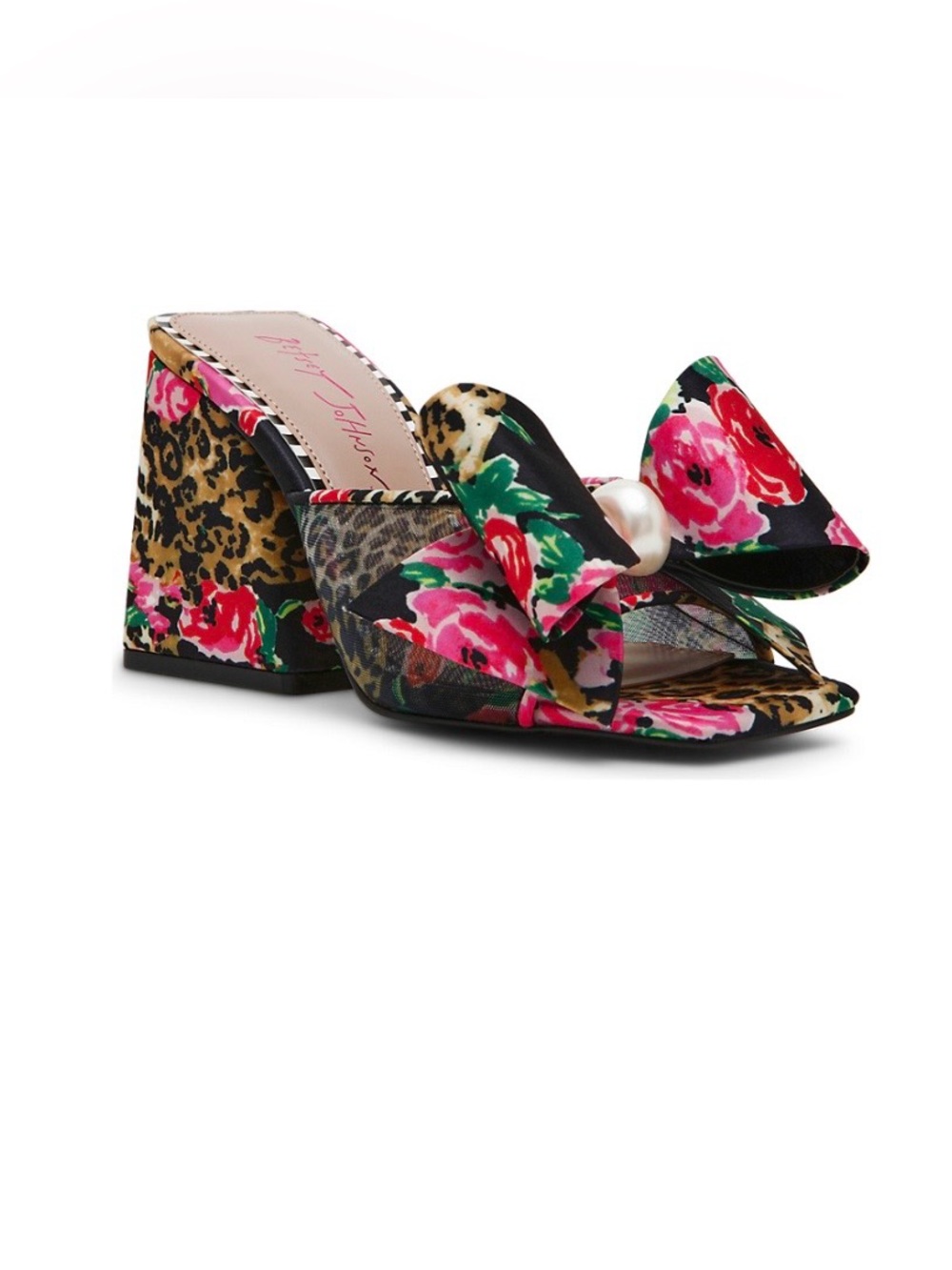 Betsey Johnson Jordn Black Floral & Leopard Pearl Mule Sandals- Block Heel. NWT